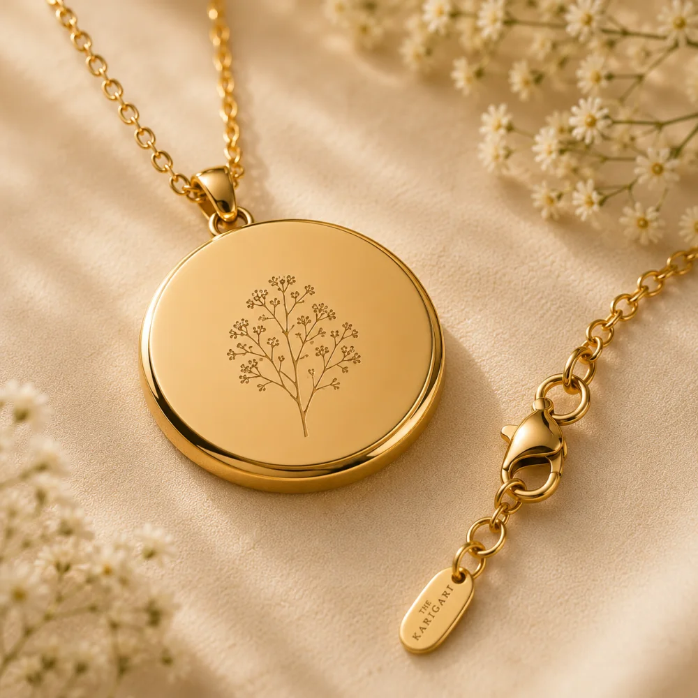 Engraved botanical detail on the back of the Bloom Pendant