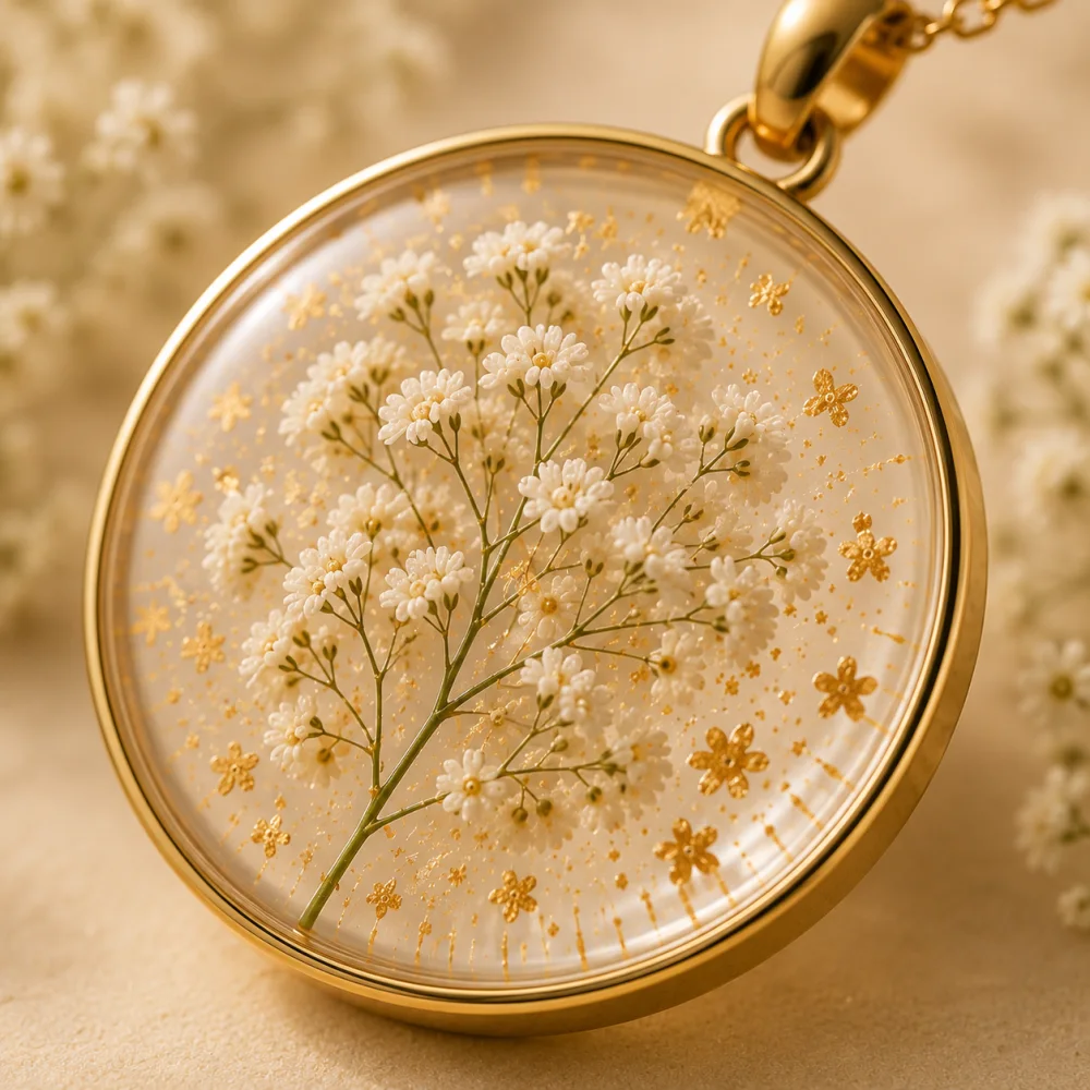 Close detail of preserved flowers and gold accents in the Bloom Pendant